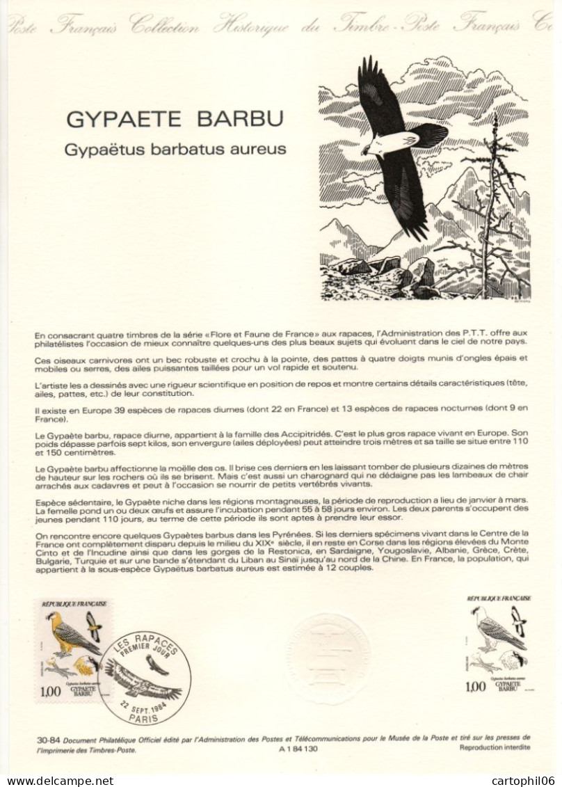 - Document Premier Jour Les Rapaces : LE GYPAETE BARBU - PARIS 22.9.1984 - - Arends & Roofvogels