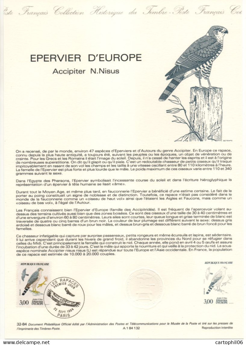 - Document Premier Jour Les Rapaces : L'EPERVIER D'EUROPE - PARIS 22.9.1984 - - Aigles & Rapaces Diurnes