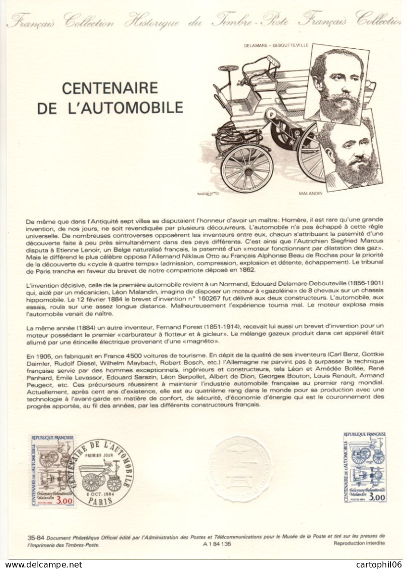 - Document Premier Jour CENTENAIRE DE L'AUTOMOBILE - PARIS 6.10.1984 - - Voitures