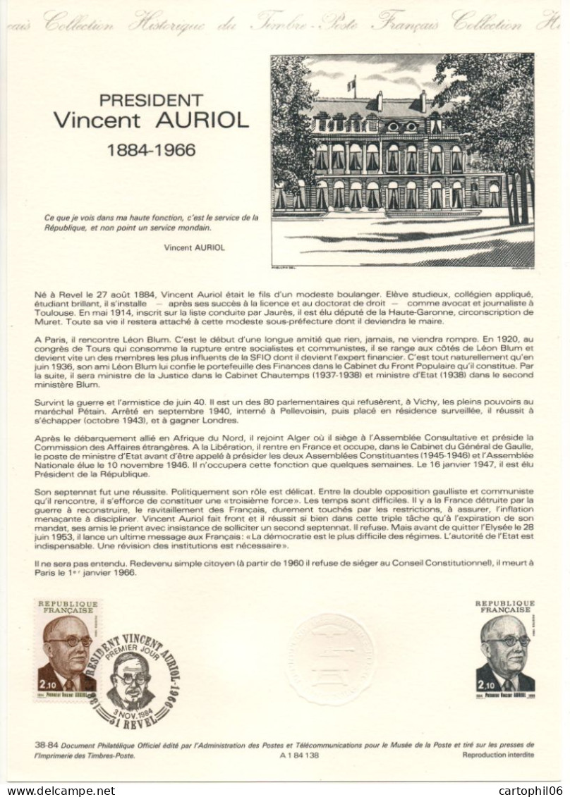 - Document Premier Jour LE PRÉSIDENT Vincent AURIOL (1884-1966) - REVEL 3.11.1984 - - Andere & Zonder Classificatie