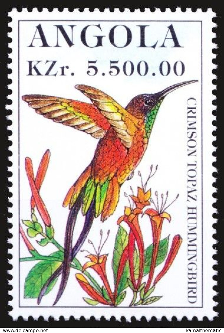 Angola 1996 MNH, Birds, Crimson Topaz Hummingbird (Topaza Pella) - Colibríes