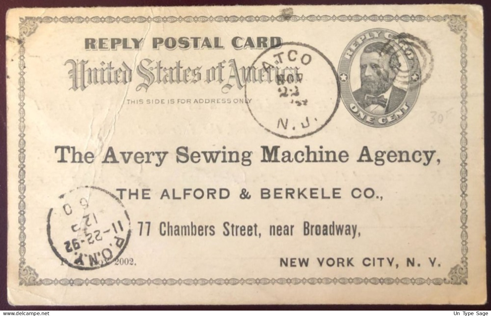 Etats-Unis, Entier-carte, Cachet ATCO, N.J. 22.11.1892 + Cachet 4 Cercles - (B1569) - ...-1900