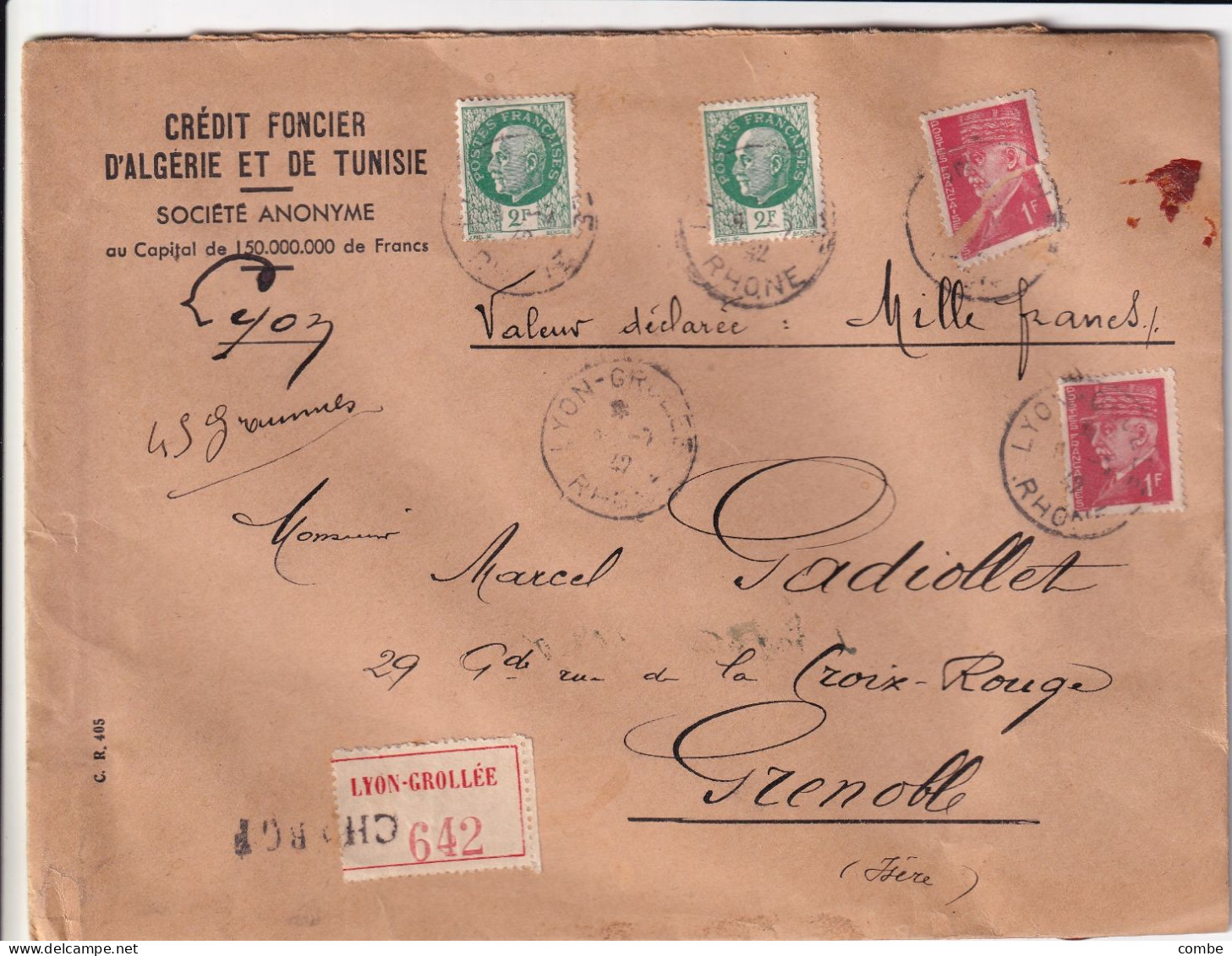 LETTRE. JUILLET 1942. PETAIN. CREDIT FONCIER D'ALGERIE ET TUNISIE. CACHETS CIRE. RECOMMANDE LYON POUR GRENOBLE - 1921-1960: Période Moderne