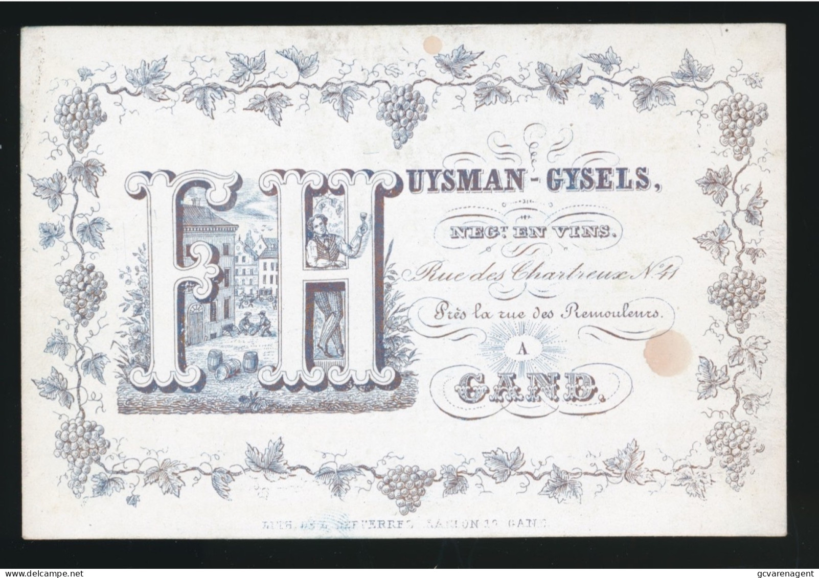 PORSELEINKAART , CARTE PORCELAINE = HUYSMAN-GYSELS NEGt EN VINS RUE DES CHARTREUX 41 A GAND  105 X 70 MM - Porseleinkaarten