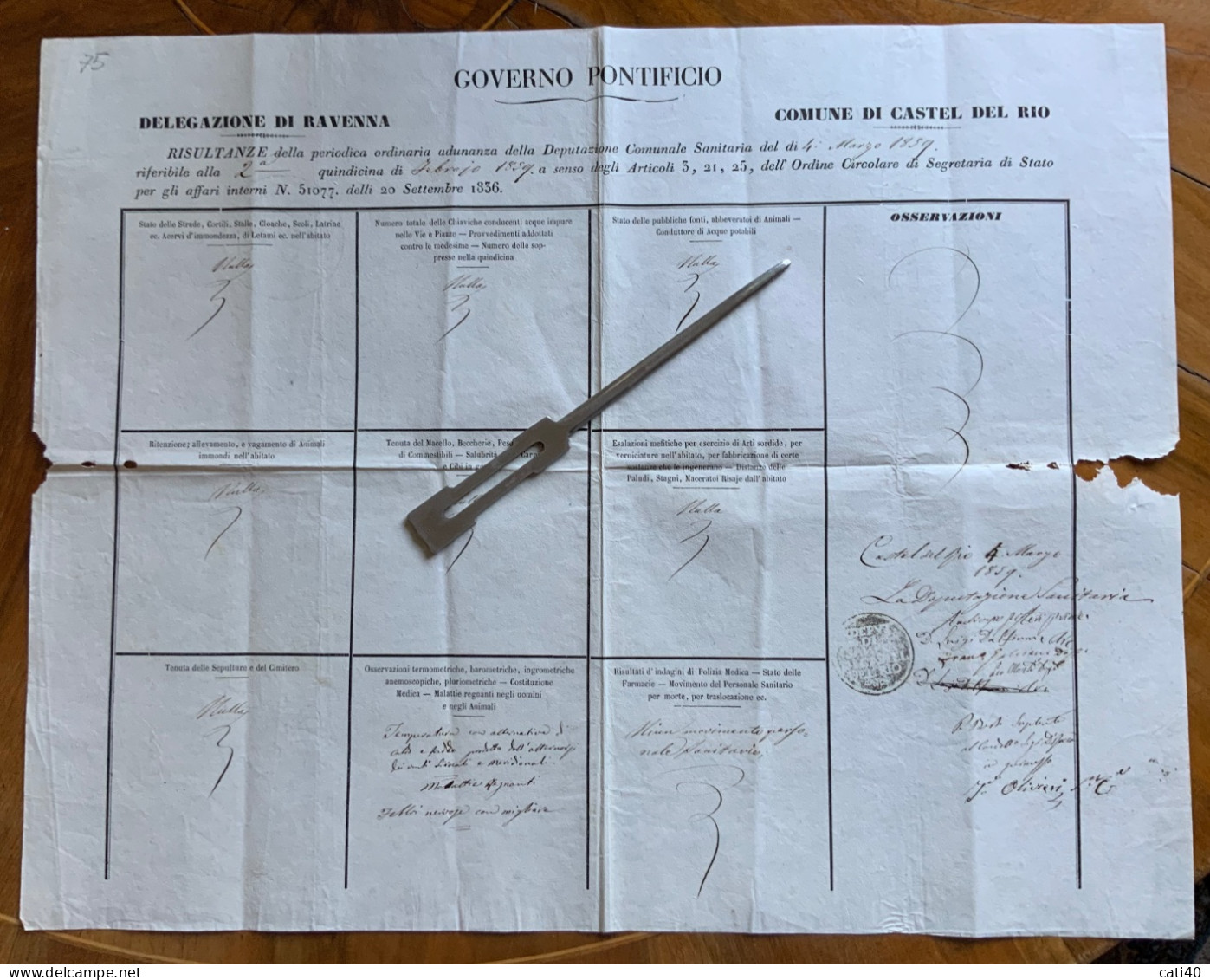 DEPUTAZIONE DI SANITA'  DI CASTEL DEL RIO  4 /3/1859 Su  CONTROLLI PERIODICI  GOVERNO PONTIFICIO DELEGAZIONE DI RAVENNA - Documenti Storici