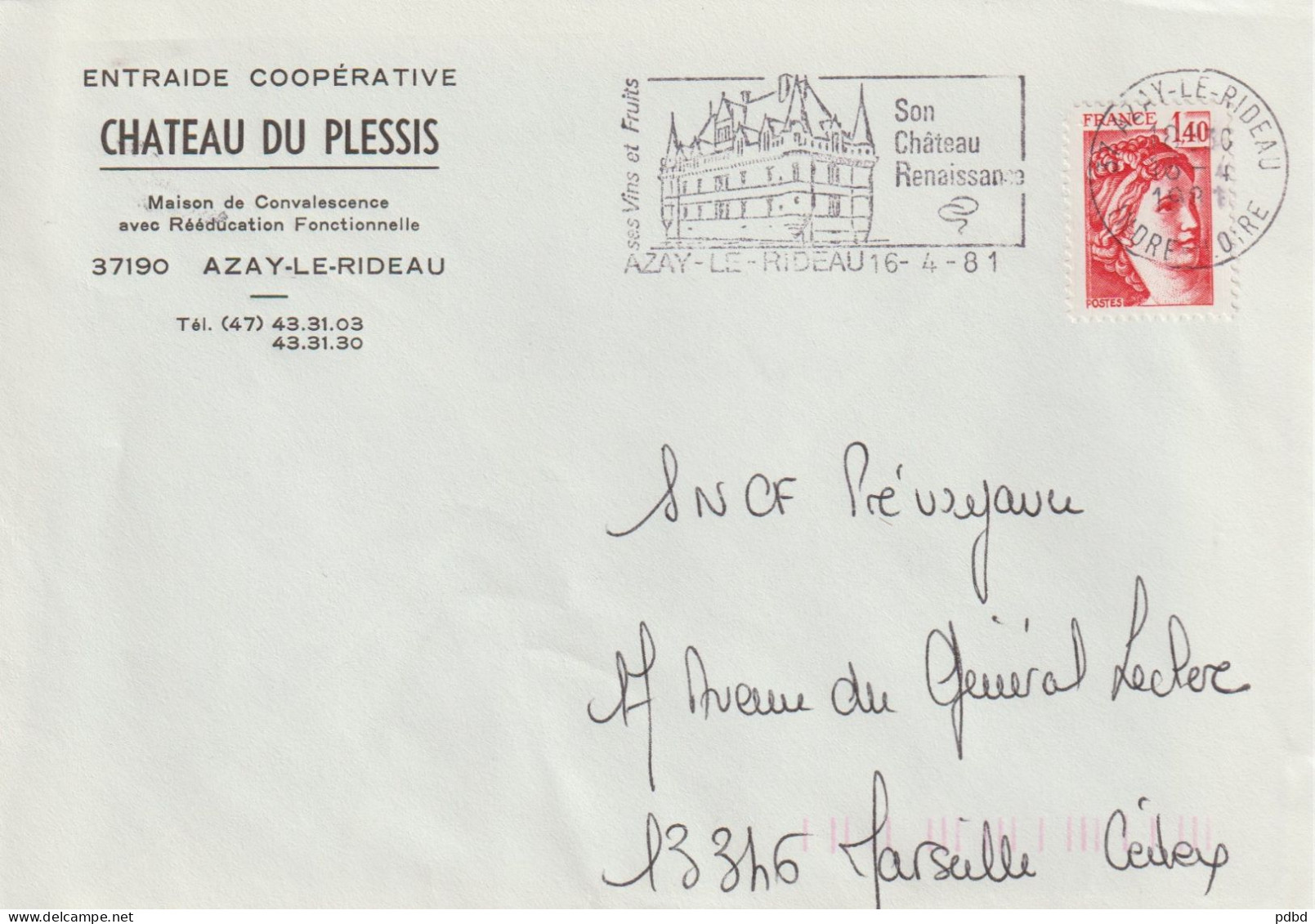 FT 66 . 37 . Azay Le Rideau .  Affranchissement . 1981  . En-tête Château De Plessis . Enveloppe . - Maschinenstempel (Werbestempel)