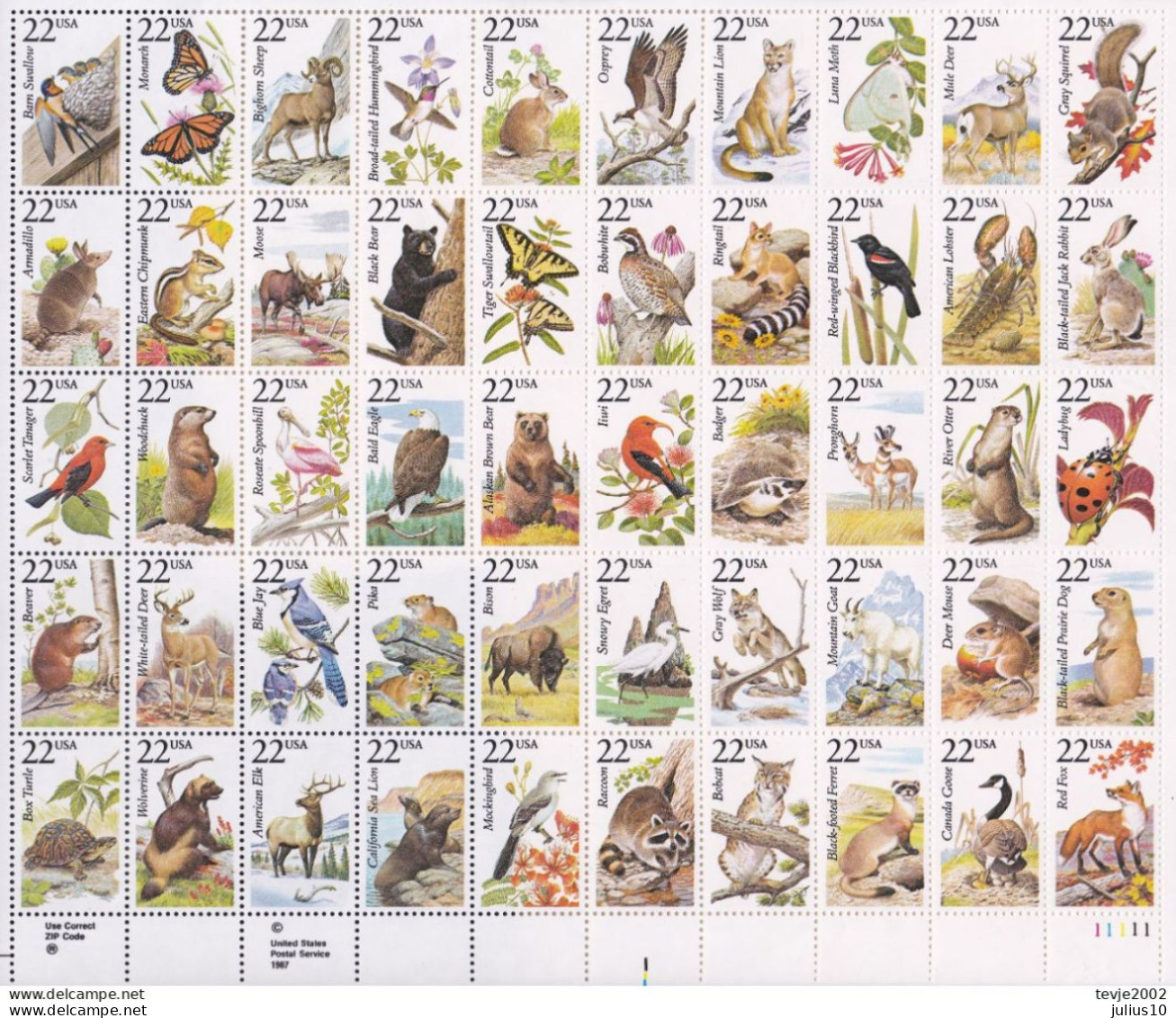 USA 1987 Birds Animals Sheet MNH(**) Mi 1911-1932 - Andere & Zonder Classificatie