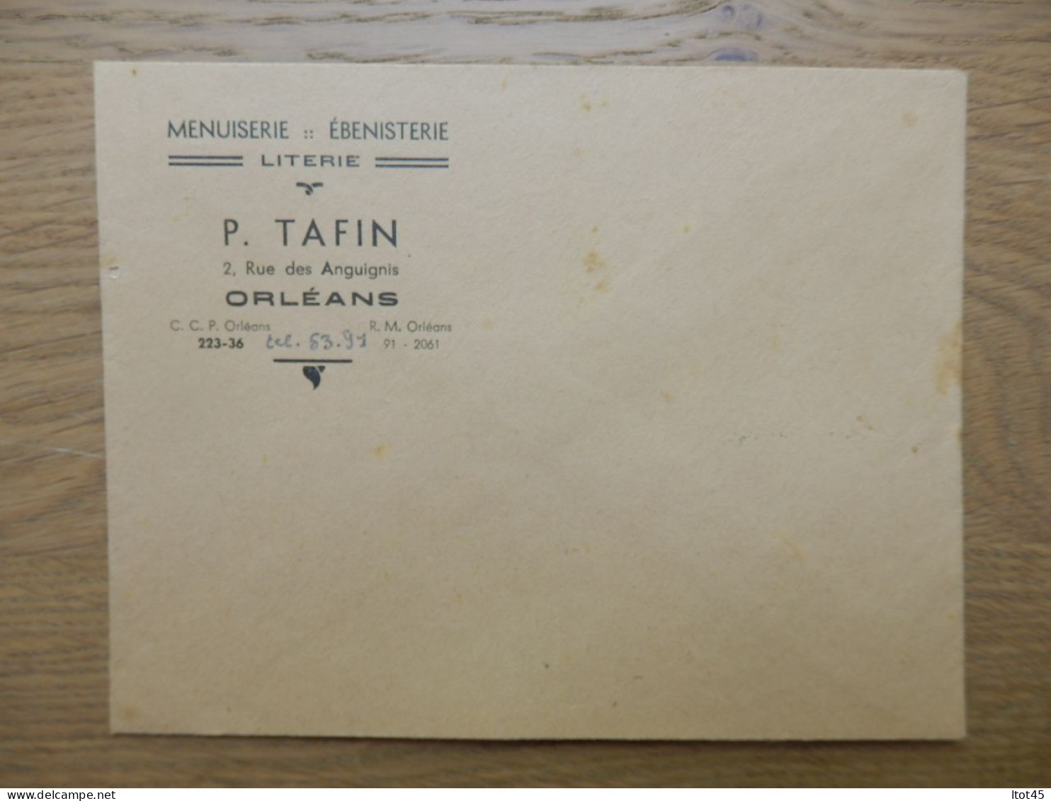 ENVELOPPE P. TAFIN MENUISERIE EBENISTERIE ORLEANS - 1921-1960: Modern Period