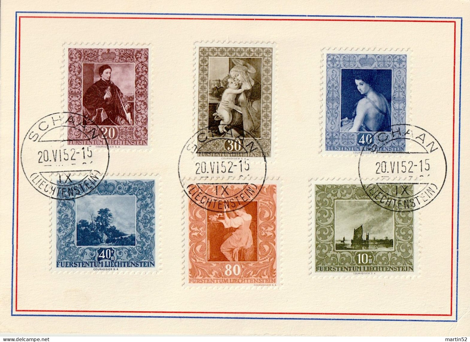 Liechtenstein 1952: Kunst Art Zu 223+250-252+W24+W26 Mi 274+301+303+306-308 Yv 228+263+265+268-270 ⊙ SCHAAN 20.VI.52 - Covers & Documents