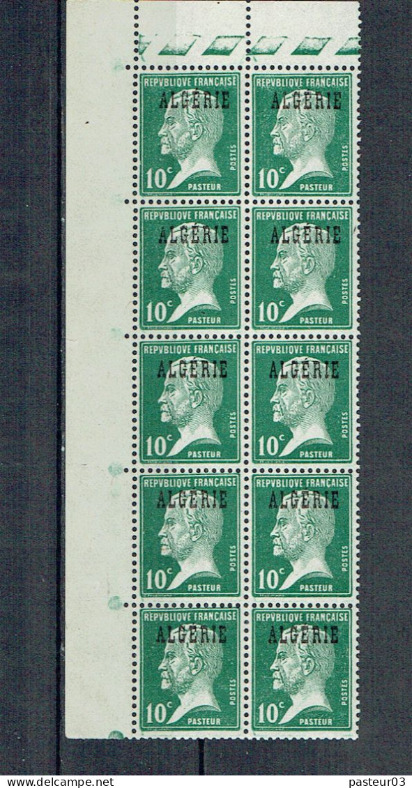16 Algérie  Pasteur 10 C. Vert Bloc De 10 Haut De Feuille Gauche Luxe - Unused Stamps