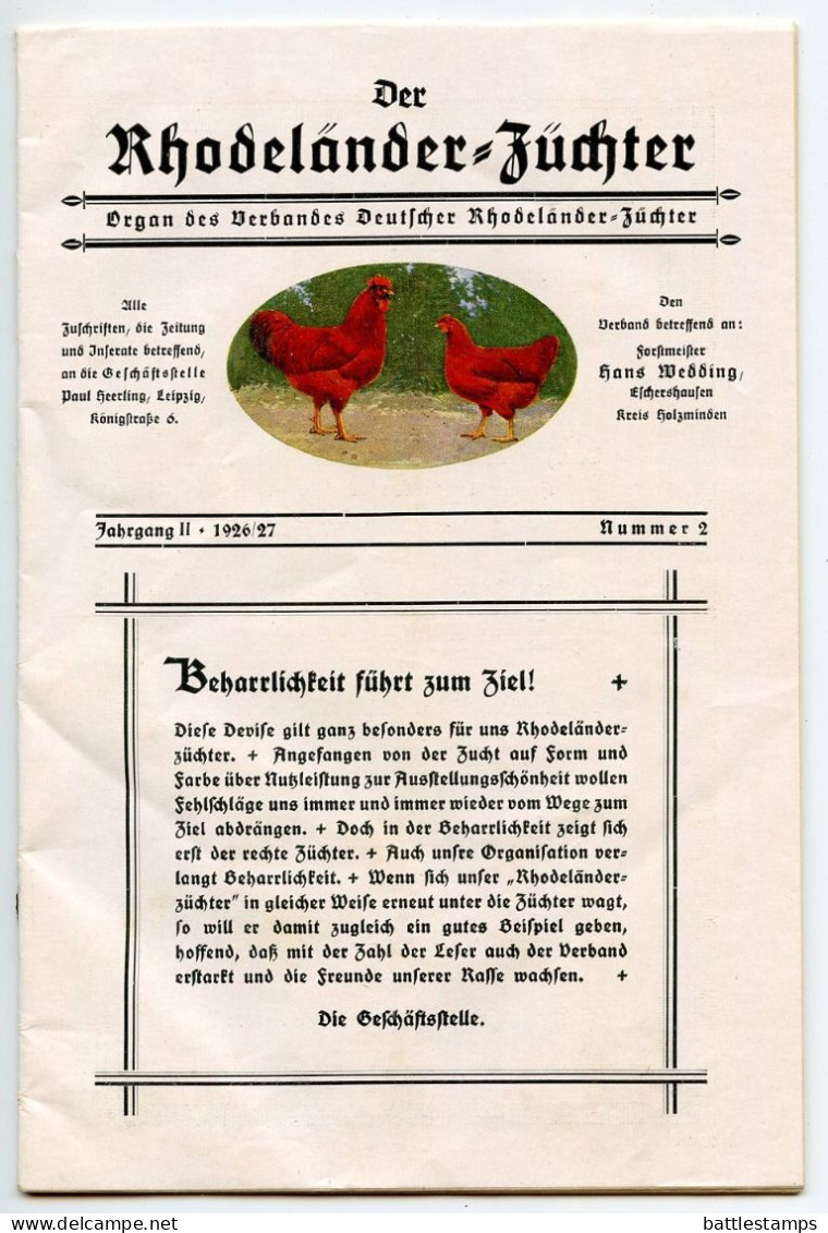 Germany 1927 Cover & Journal; Leipzig - Verband deutscher Rhodeländer-Züchter (Chickens); 5pf. Friedrich von Schiller