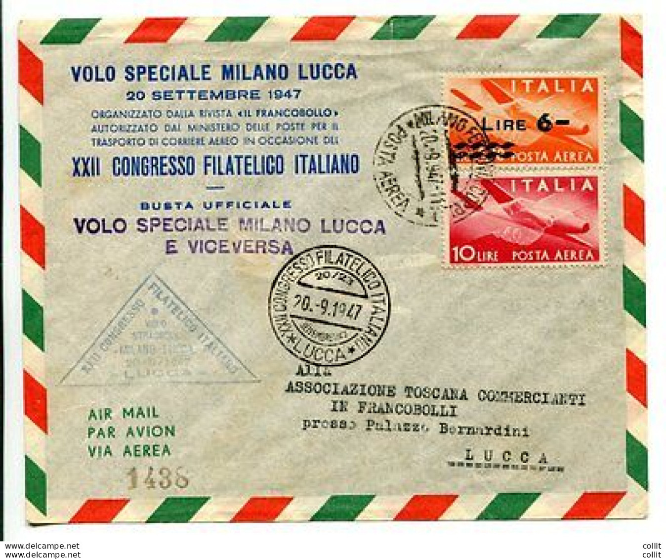 Volo Speciale Milano/Lucca Del 20.9.47 - Posta Aerea