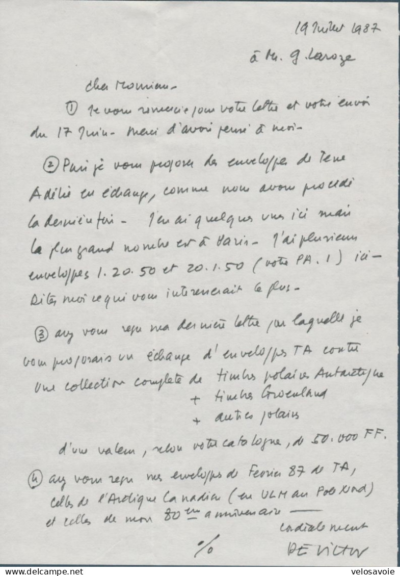 LETTRE AUTOGRAPHE DE PAUL EMILE VICTOR ENVOYEE DE BORA BORA EN 1987 AVEC ENVELOPPE - Cartas & Documentos