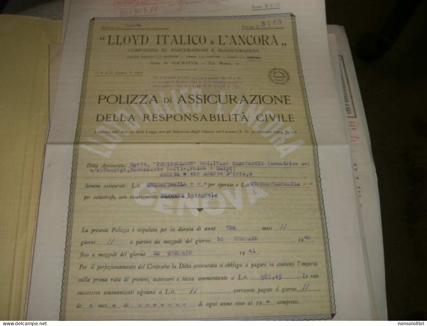 POLIZA DI ASSICURAZIONE LLOYD ITALICO L'ANCORA 1940 - Documents Historiques