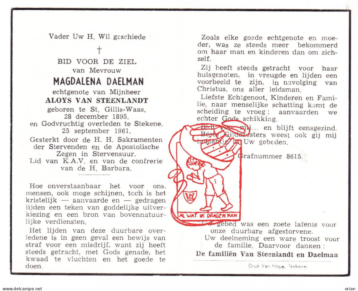 DP Magdalena Daelman ° Sint-Gillis-Waas 1895 † Stekene 1961 X Aloys Van Steenlandt - Devotion Images