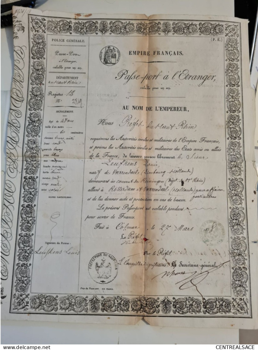 Passeport 1858 COLMAR VOERRENDAEL LIMBOURG HOLLANDE REININGUR ROTTERDAM AACHEN MAYENCE WISSEMBOURG - Documentos Históricos