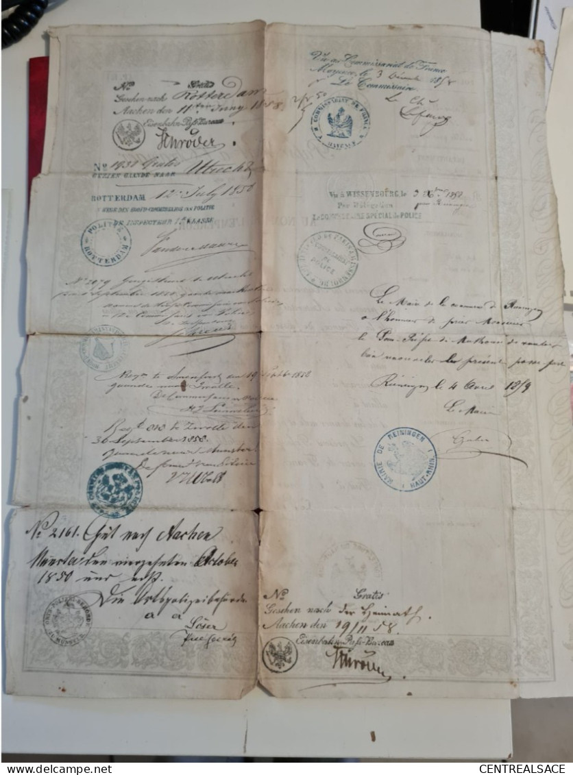 Passeport 1858 COLMAR VOERRENDAEL LIMBOURG HOLLANDE REININGUR ROTTERDAM AACHEN MAYENCE WISSEMBOURG - Documenti Storici