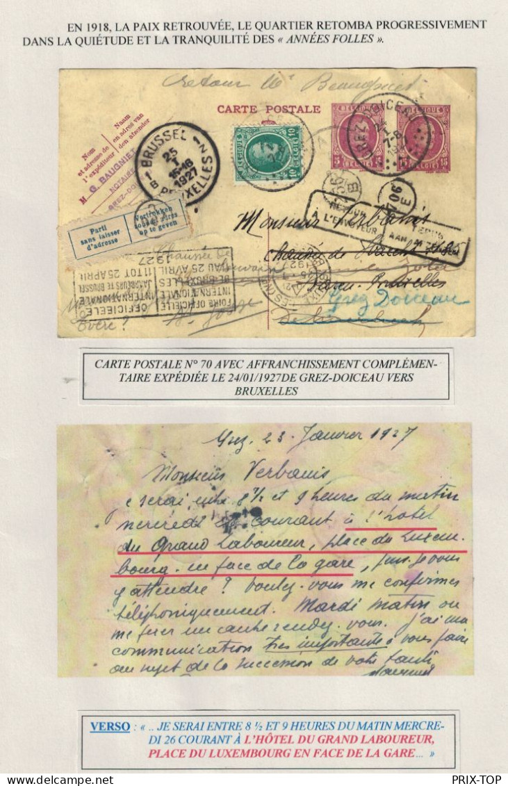 Entier CP 15+5 C + TP Albert Houyoux Obl. Grez-Doiceau 24/1/1927 > BXL 25/1/27 C. Retour Grez & Label Parti Trous - Lettres & Documents