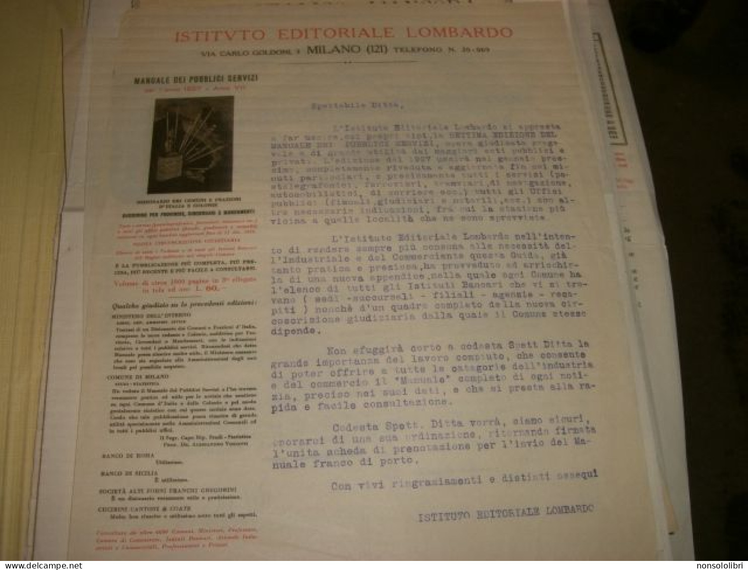 LETTERA SU CARTA INTESTATA ISTITUTO EDITORIALE LOMBARDO - Documents Historiques