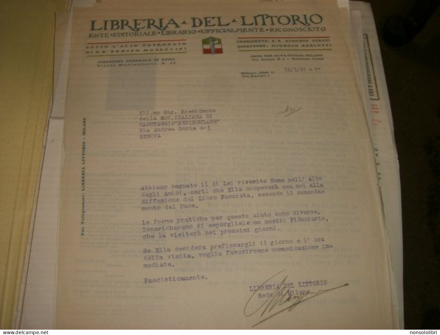 LETTERA SU CARTA INTESTATA LIBRERIA DEL LITTORIO - Documenti Storici