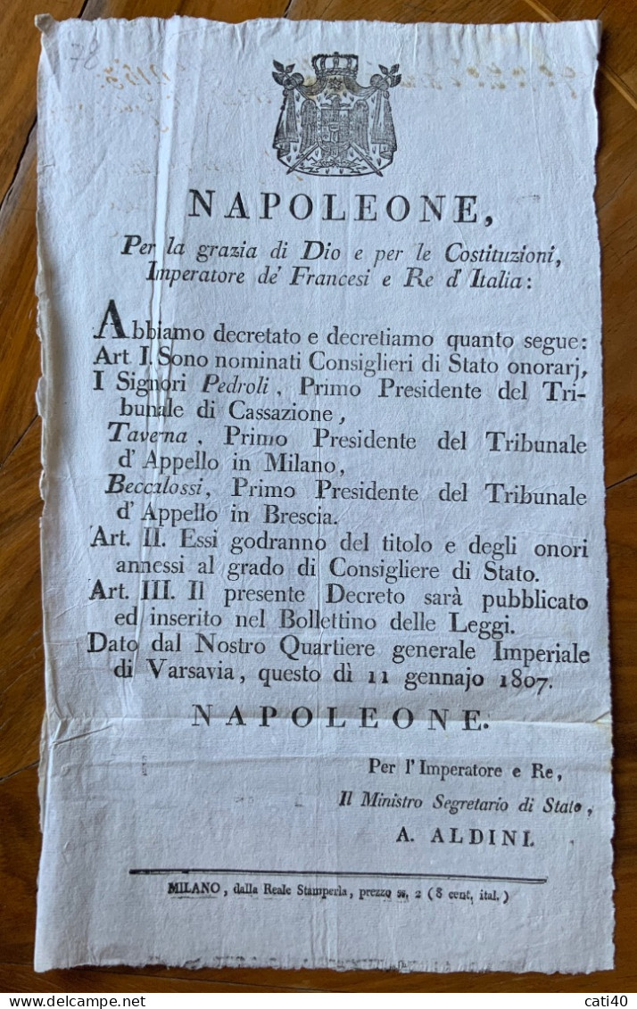 NAPOLONE - MANIFESTO(22X35) -  VARSAVIA  11 Gennaio 1807 - NOMINA DEI CONSIGLIERI DI STATO ..BRESCIA... - Historical Documents