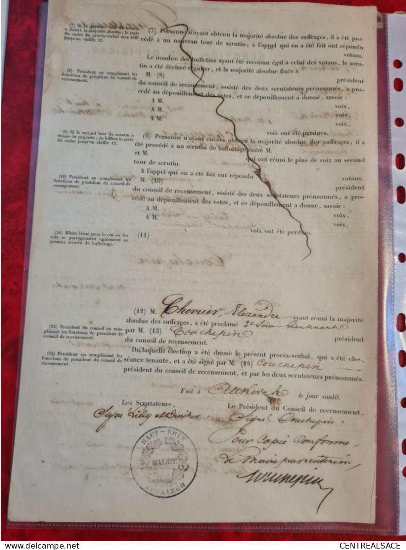 PROCES VERBAL ALTKIRCH ELECTION DES OFFICIERS COMPAGNIE DES CHASSEURS 1840 - Documenti Storici