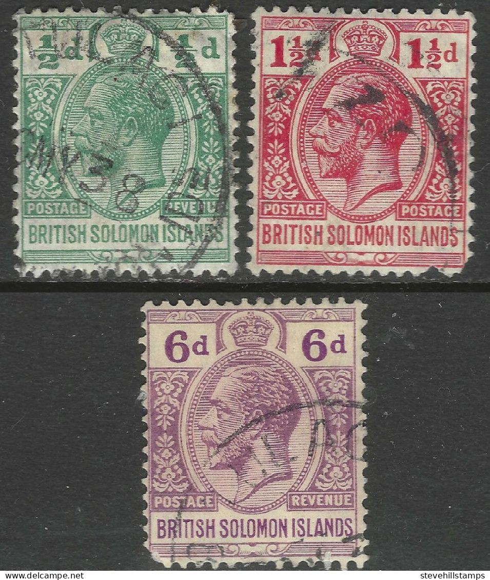 British Solomon Islands. 1922-31 KGV. ½d, 1½d, 6d Used. Script CA W/M SG 39, 72, 47. M5019 - Islas Salomón (...-1978)