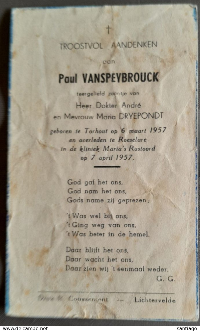 Rouwprentje :  Paul Vanspeybrouck 6 Maart 1957 - 7 April 1957 / LICHTERVELDE - Religion &  Esoterik