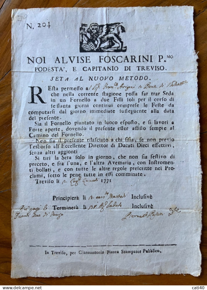 REPUBBLICA DI VENEZIA - NOI ALVISE FOSCARINI ...TREVISO 1771  - MANIFESTO (20x29) Sulla SETA AL NUOVO METODO... - Documents Historiques