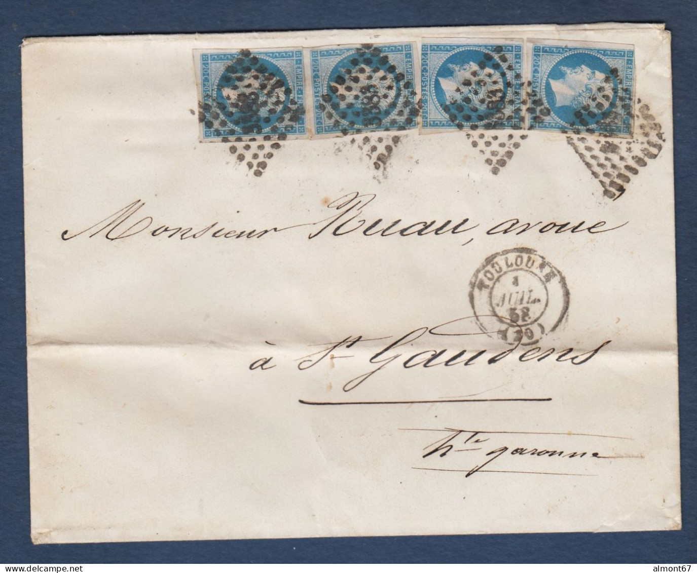 Napoléon  N° 14A X De 4 Oblitérés PC 3383 Sur Enveloppe De Toulouse - 1853-1860 Napoléon III