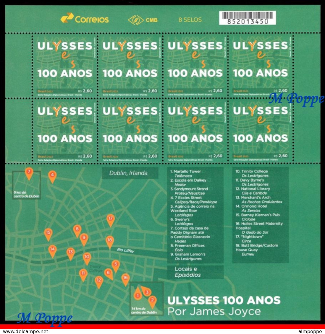 Ref. BR-V2022-06-F BRAZIL 2022 - DIPLOMATIC RELATIONS WITHIRELAND, 100 YEARS OF ULYSSES, SHEET MNH, FAMOUS PEOPLE 8V - Ungebraucht