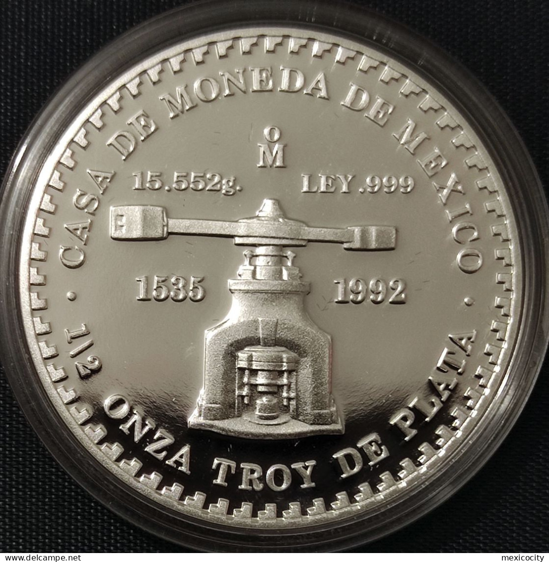 MEXICO Mint AZEC CALENDAR & Old Coin Press .999 Silver 1/2 Oz. HALF Ounce PROOF Cond. Unc., In Capsule - Mexiko