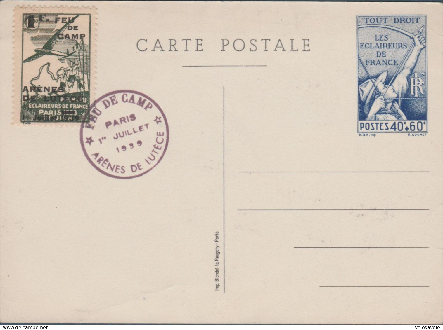 N° TS16-CP1 LES ECLAIREURS DE FRANCE NEUF AVEC VIGNETTE FEU DE CAMP ARENES DE LUTECE DE 1939 TTB - Cartes Postales Repiquages (avant 1995)