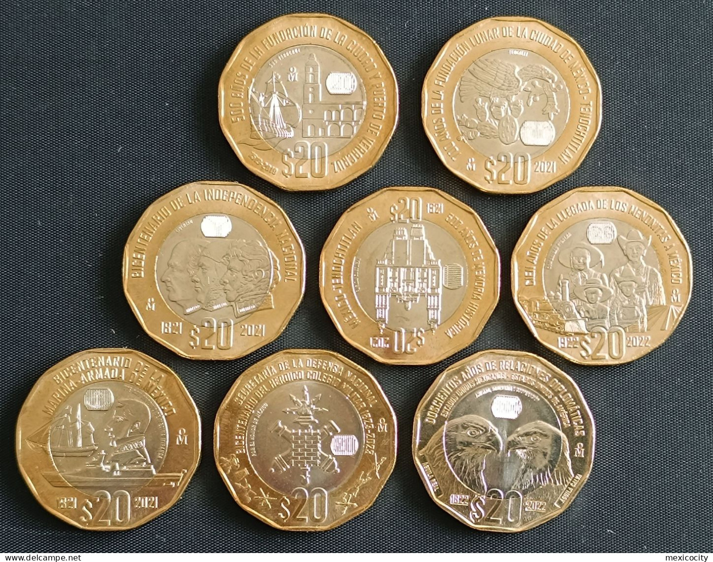 MEXICO 2019-2023 $20 12-SIDED BIMETALLIC COIN Collection, 8 Diff. BU Commemorative Coins Incl. Marine, Two Eagles, Etc. - Mexique