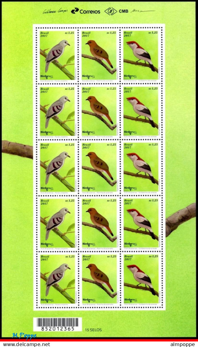 Ref. BR-V2017-04-4 BRAZIL 2017 - BRAZILIAN BIRDS,BIRDPEX 8, ENDANGERED, SHEET MNH, BIRDS 15V - Blocks & Kleinbögen