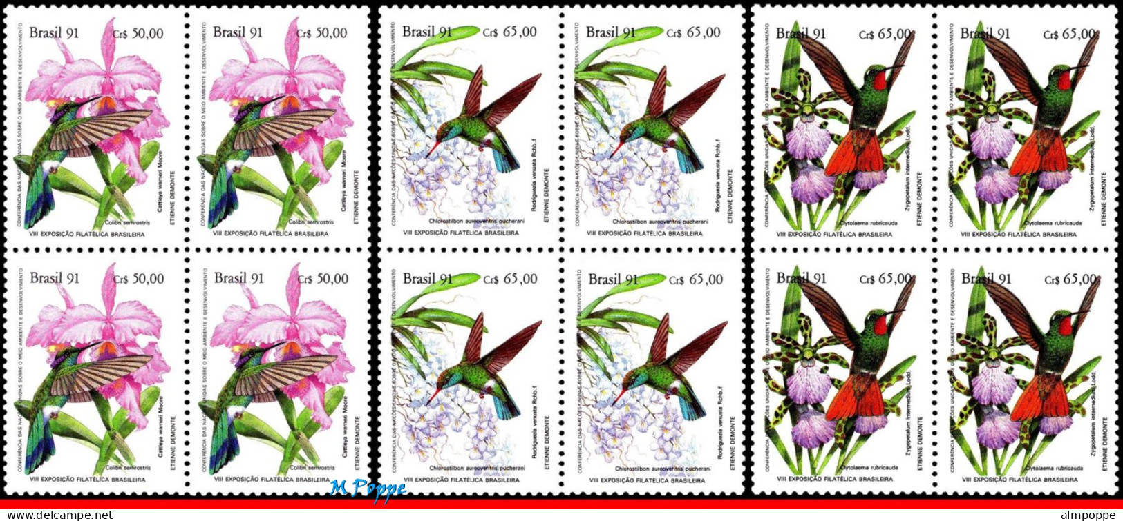 Ref. BR-2335-37-Q BRAZIL 1991 - PREVENTION FOREST,ORCHIDS,HUMMINGBIRDS,MI# 2435-37,BLOCKS MNH, BIRDS 12V Sc# 2335-2337 - Hojas Bloque