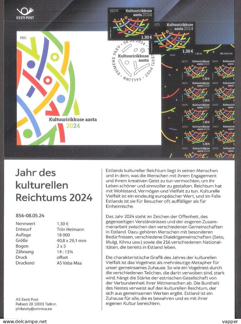 The Cultural Diversity Yearf 2024 Estonia Stamp Presemtation Card (ger) Mi 1104 - Estland