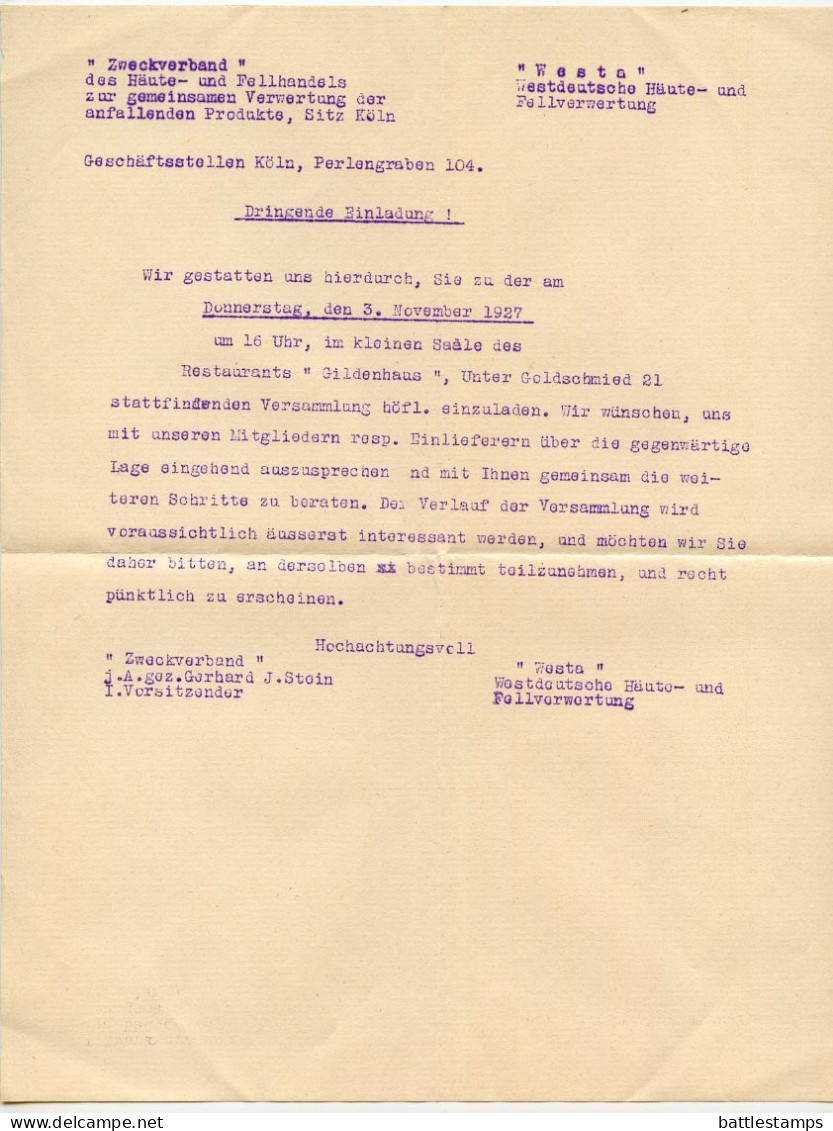 Germany 1927 Cover & Letter; Köln - “Westa” Westdeutsche Häute- U. Fell-Vewertung; 5pf. Friedrich Von Schiller - Brieven En Documenten