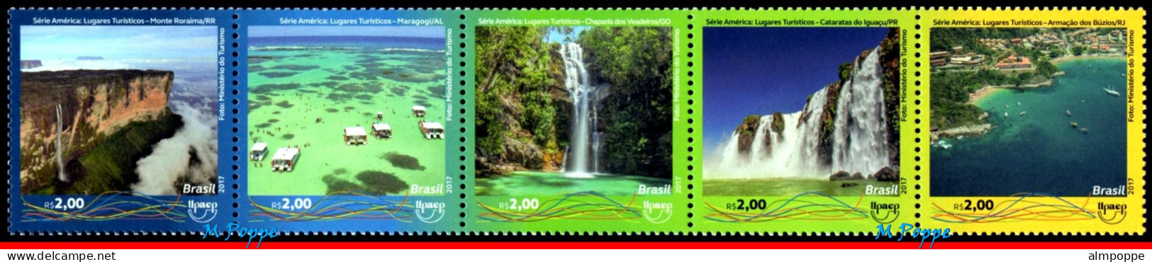 Ref. BR-V2017-14 BRAZIL 2017 - UPAEP, WATERFALL, BEACH,TOURIST ATTRACTIONS, STRIP MNH, TOURISM 5V - Other & Unclassified