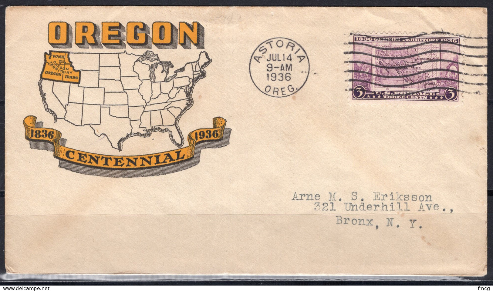 1936 Staehle First Day Cover - Oregon Territory - 1851-1940