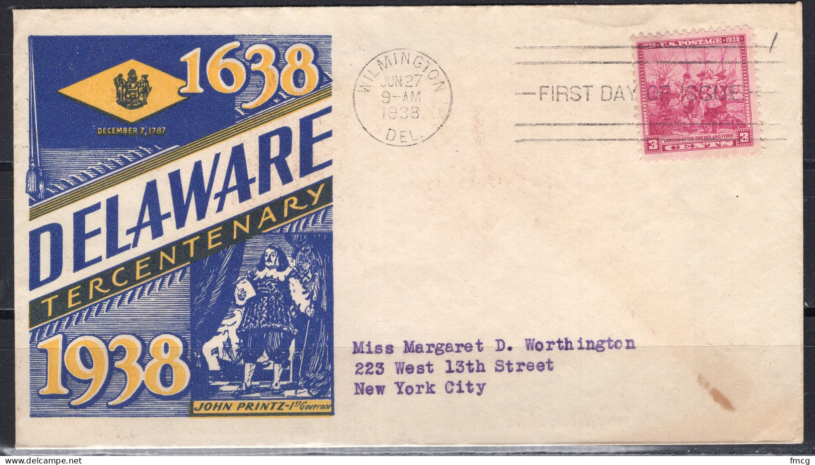 1938 Staehle First Day Cover - Delaware Statehood - 1851-1940