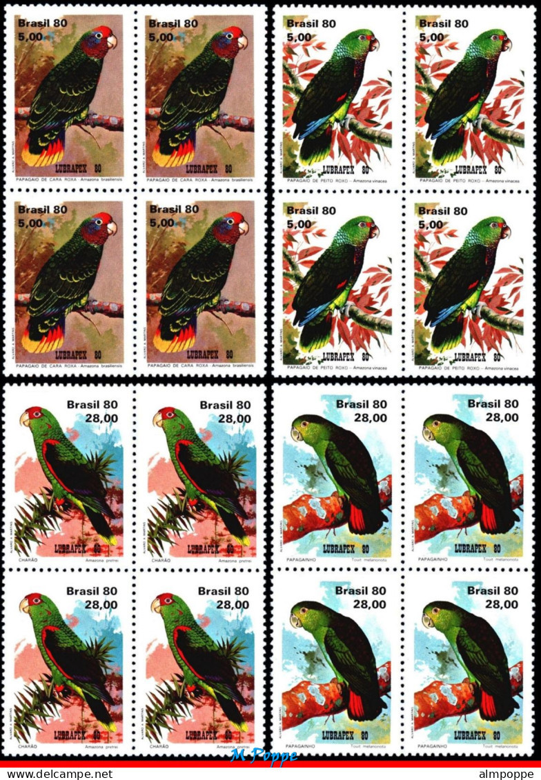 Ref. BR-1715-18-Q BRAZIL 1980 - PARROTS, LUBRAPEX 80PHILATELIC EXHIBITION, BLOCKS MNH, BIRDS 16V Sc# 1715-1718 - Blocks & Kleinbögen