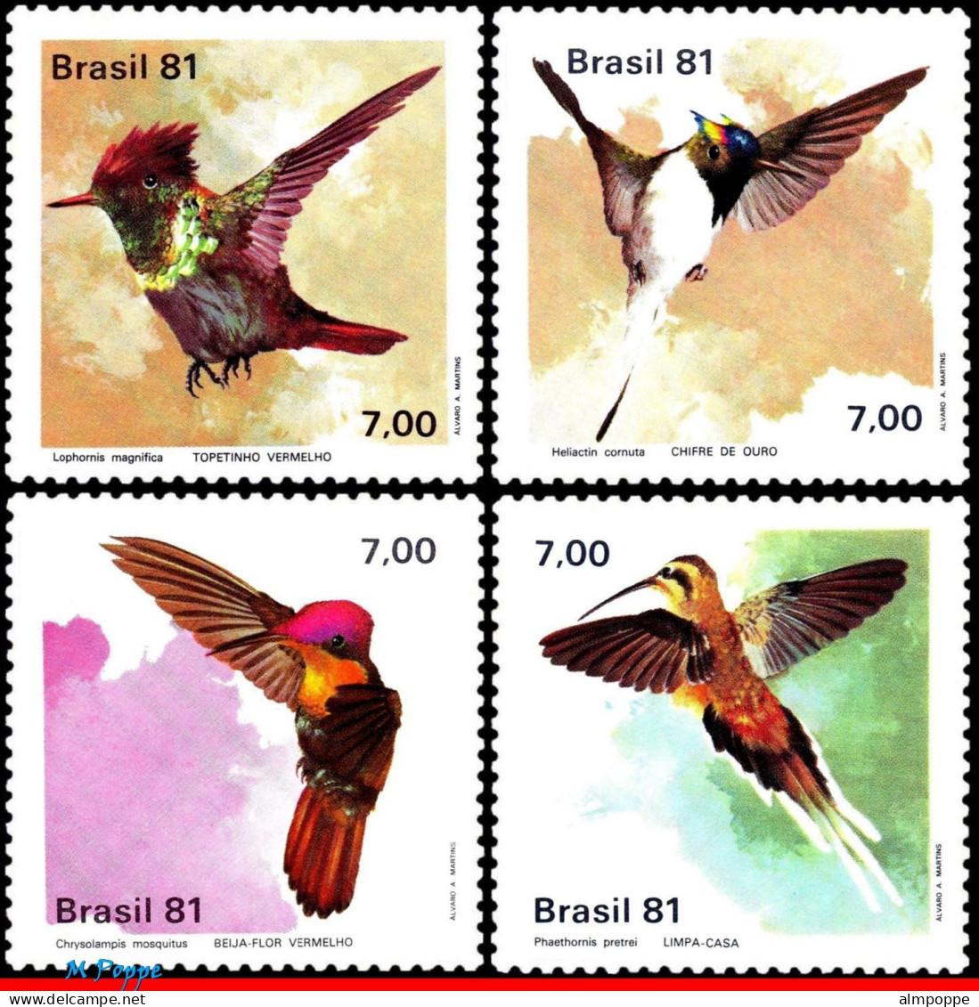 Ref. BR-1739-42 BRAZIL 1981 - HUMMINGBIRDS, ANIMALS &FAUNA, MI# 1823-26, SET MNH, BIRDS 4V Sc# 1739-1742 - Unused Stamps