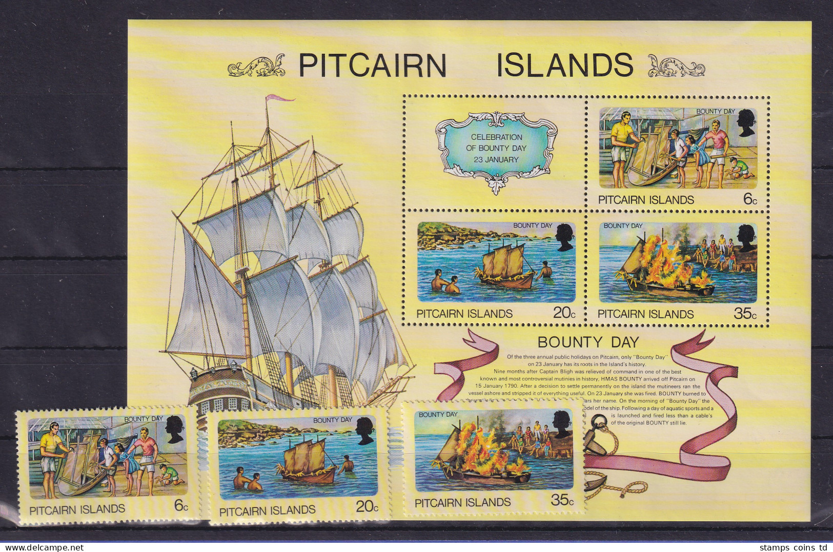 Pitcairn Islands 1978 Bounty Day Mi.-Nr. 174-176, Block 3 Postfrisch ** - Islas De Pitcairn