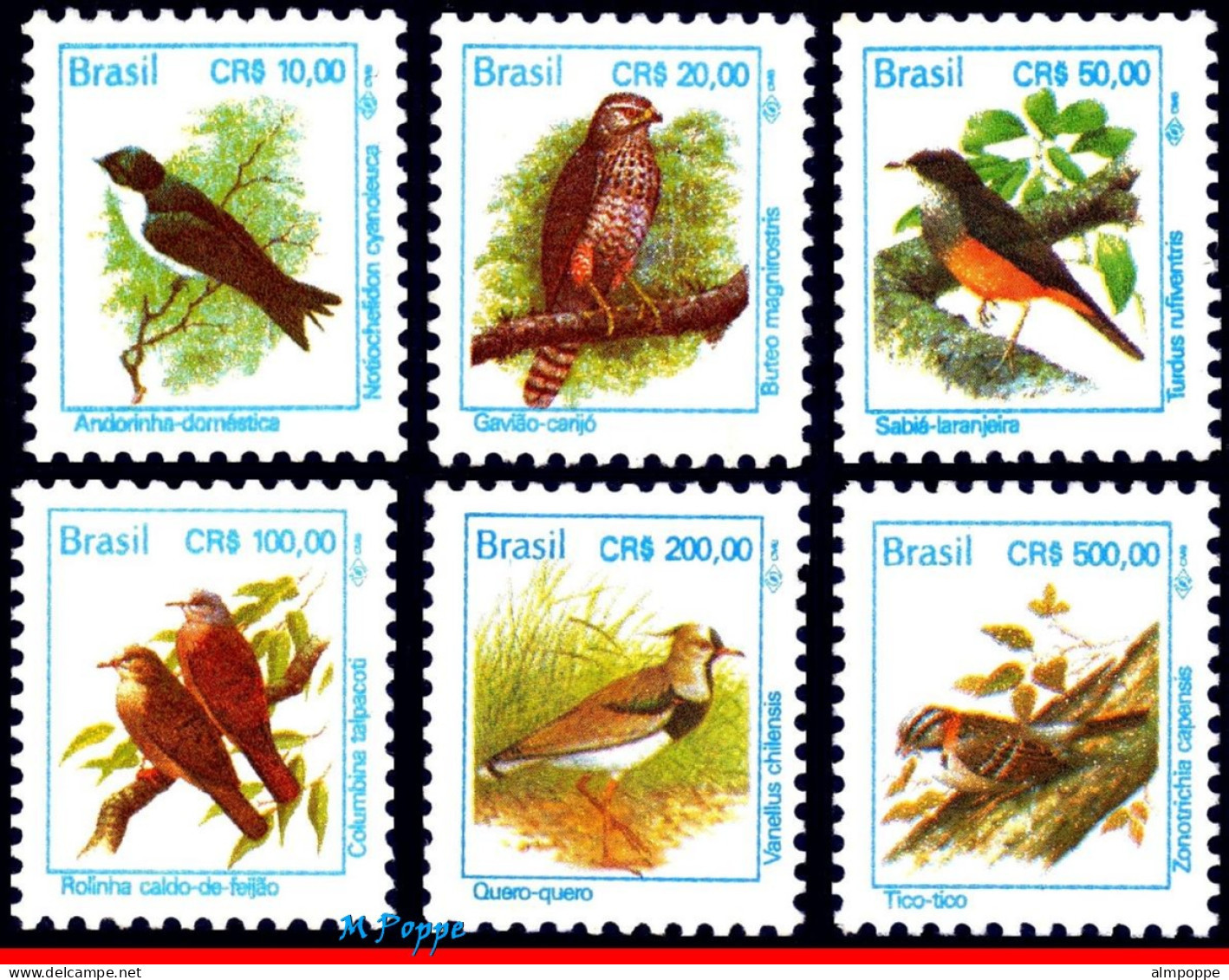 Ref. BR-2443-48 BRAZIL 1994 - ANIMALS & FAUNA, CR$,DEFINITIVE, MI# 2569-2583, SET MNH, BIRDS 6V Sc# 2443-2448 - Unused Stamps