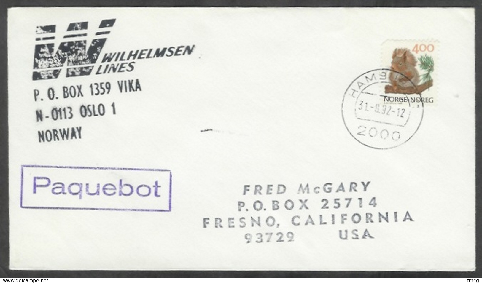 1992 Paquebot Cover, Norway Stamp Used In Hamburg Germany - Lettres & Documents