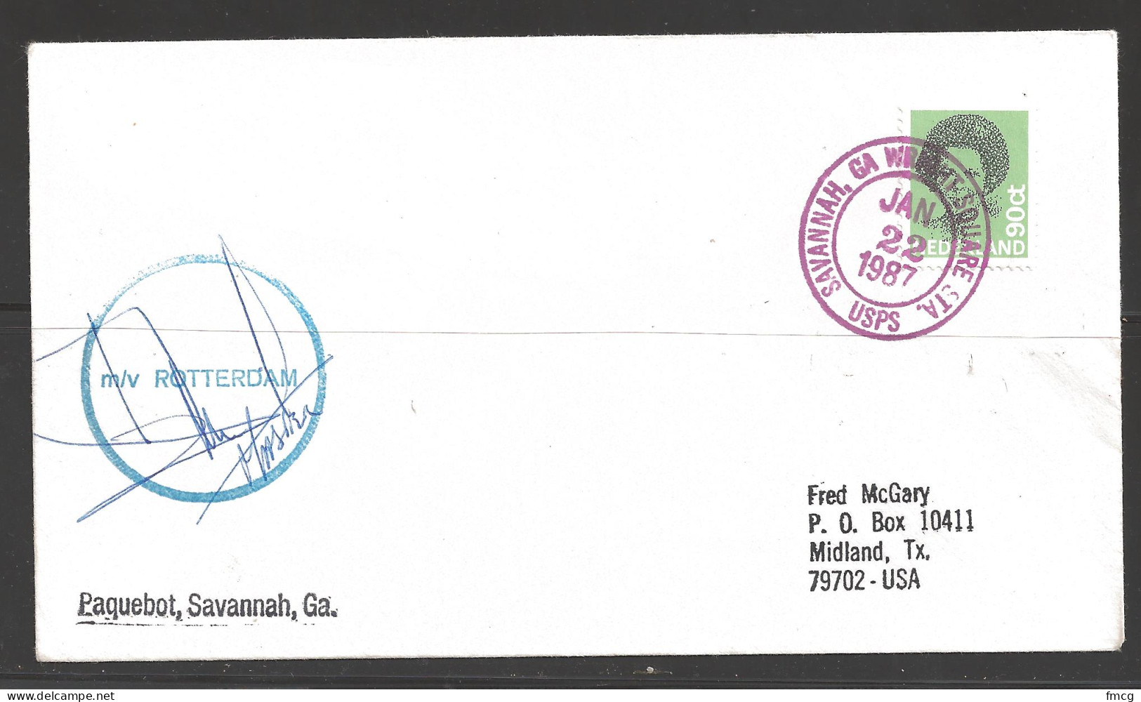 1987 Paquebot Cover, Netherlands Stamp Used In Savannah Georgia - Lettres & Documents