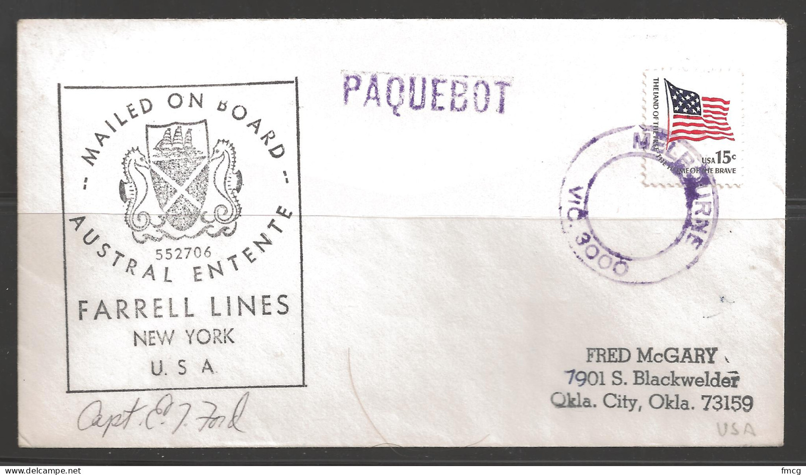 1979 Paquebot Cover, US 15 Cents Flag Stamp Used In Melbourne Australia - Lettres & Documents