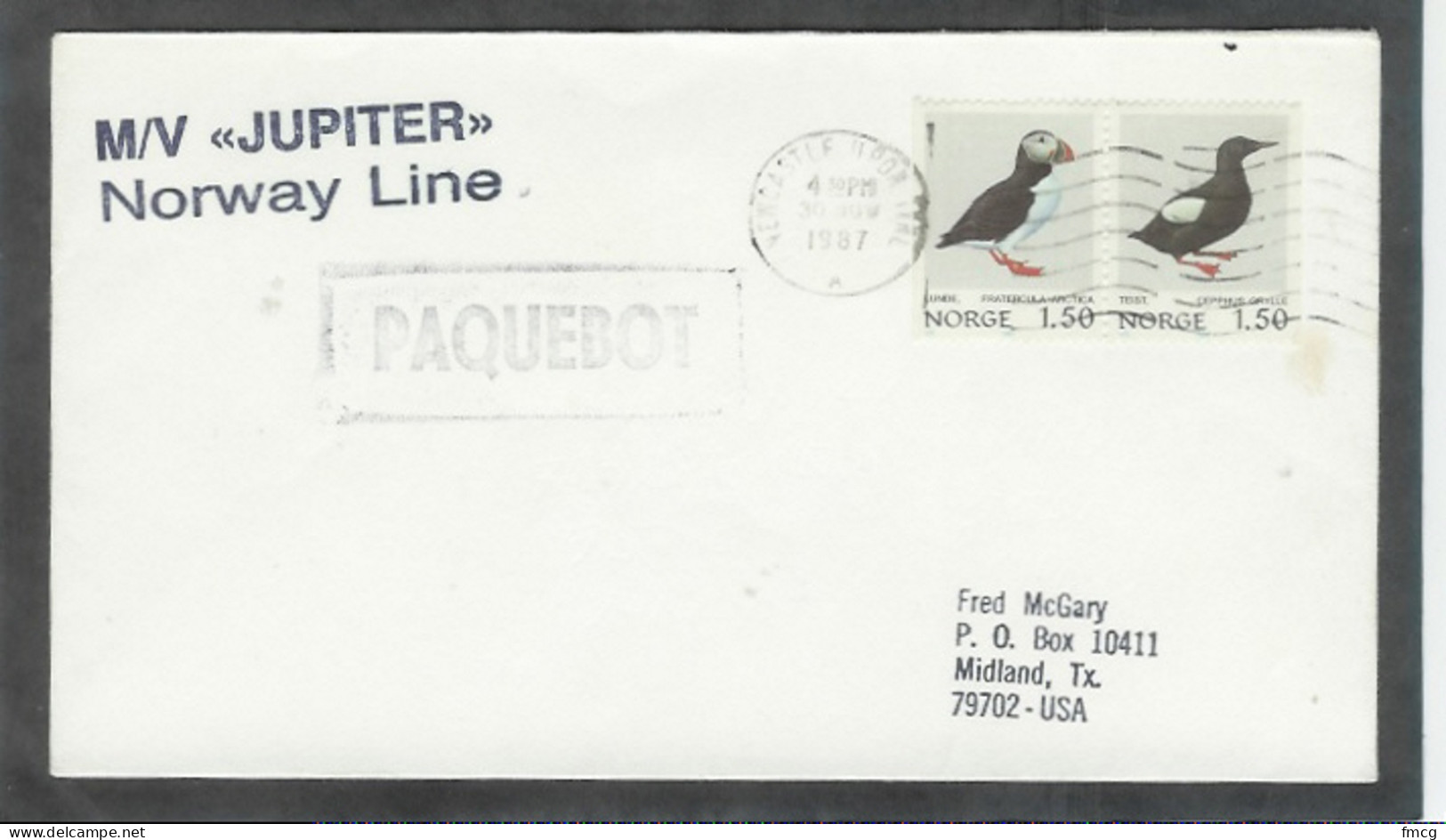 1987 Paquebot Cover, Norway Bird Stamps Used In Newcastle, United Kingdom - Brieven En Documenten