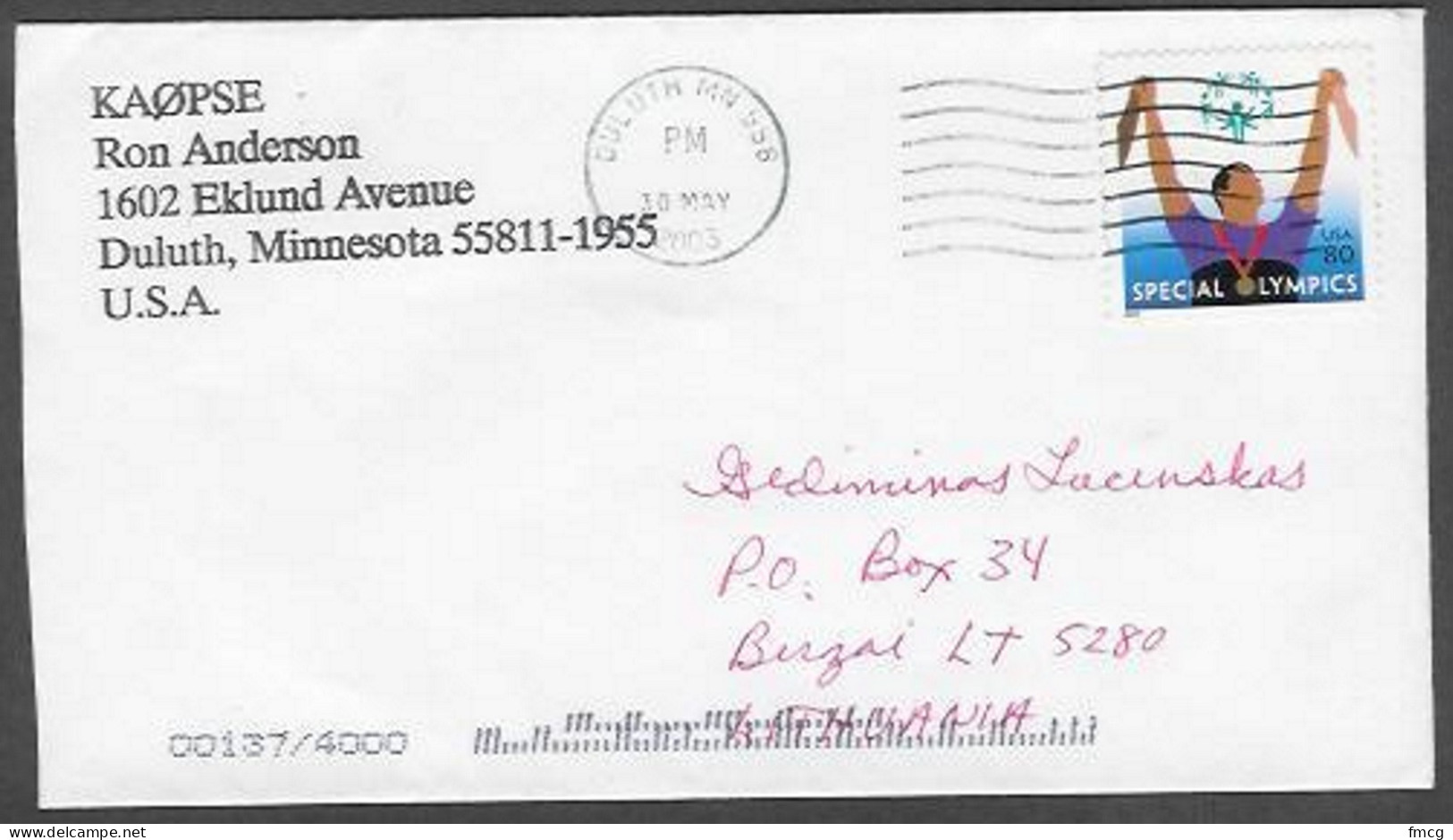 2003 - 80 Cents Special Olympics, Duluth MN (30 May) To Birzai, Lithuania - Covers & Documents